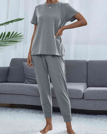 Round Neck Short Sleeve Top and Pants Set