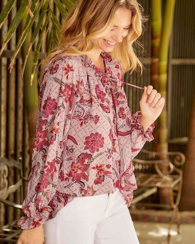 Floral Tie Neck Flounce Sleeve Blouse