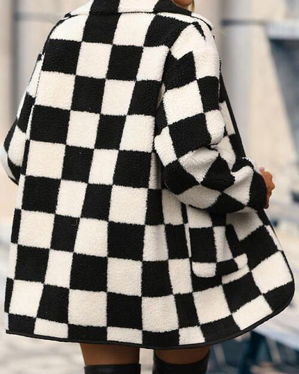 Double Take Full Size Checkered Button Front Coat with Pockets