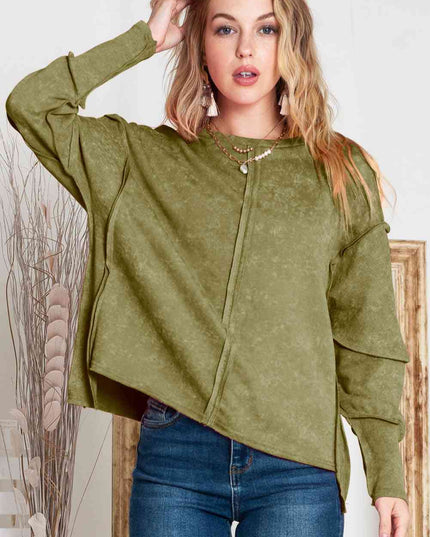 Full Size Exposed Seams Round Neck Dropped Shoulder Sweatshirt