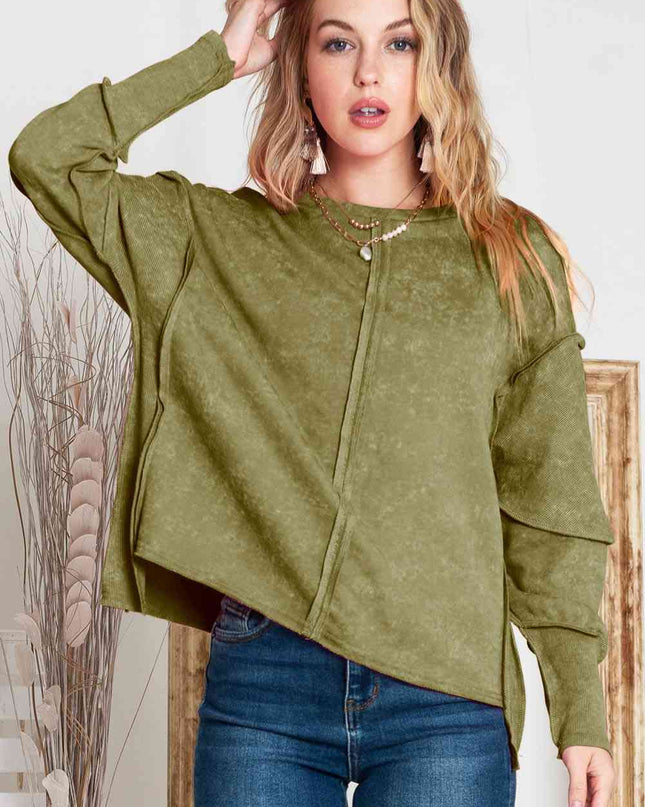 Full Size Exposed Seams Round Neck Dropped Shoulder Sweatshirt
