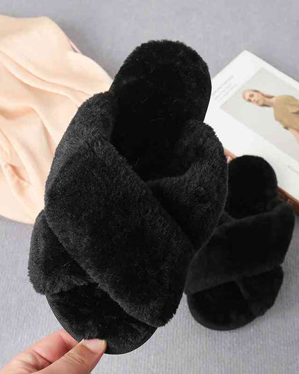 Faux Fur Crisscross Strap Slippers