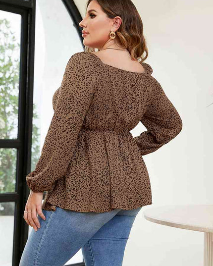 Plus Size Leopard Square Neck Long Sleeve Blouse