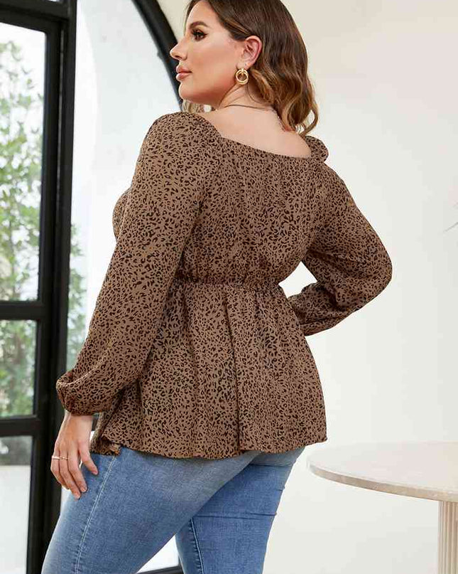 Plus Size Leopard Square Neck Long Sleeve Blouse