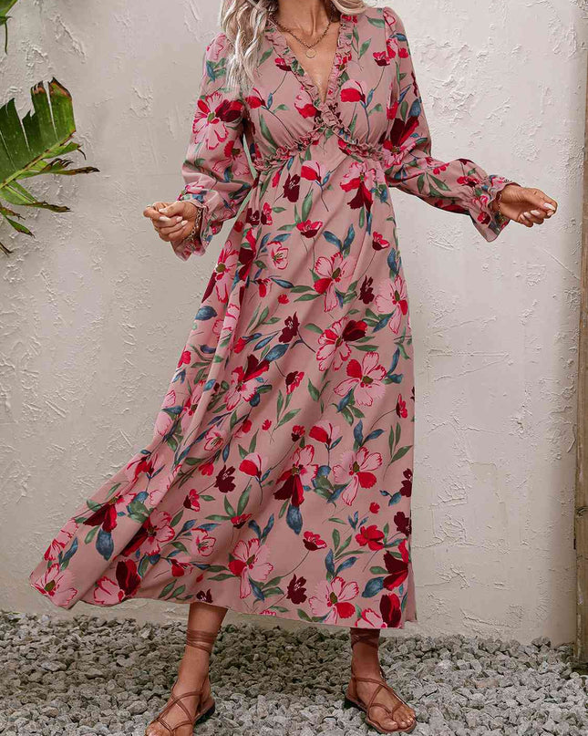 Floral Frill Trim V-Neck Maxi Dress