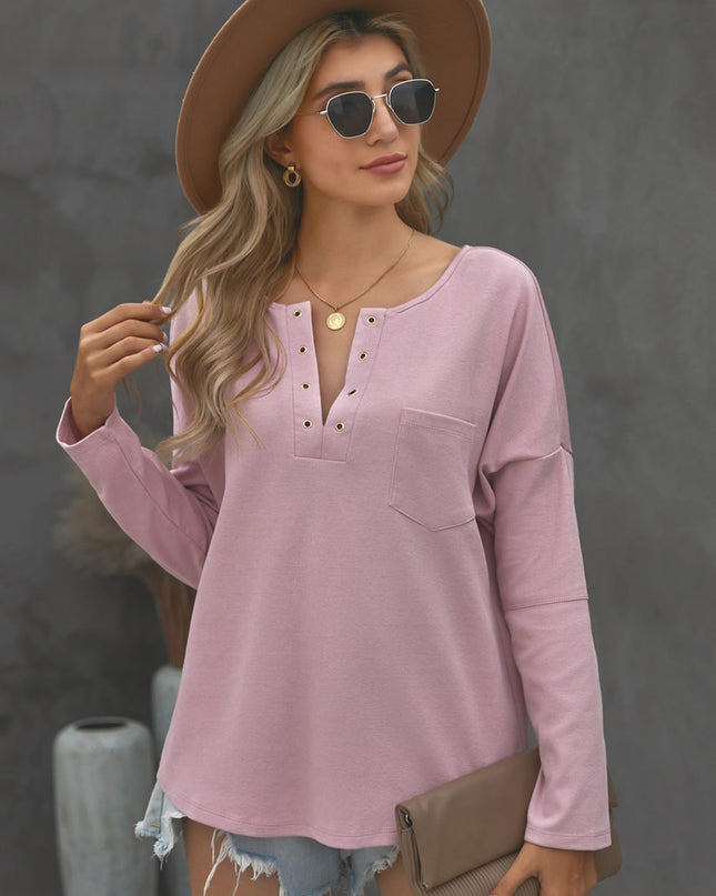 Grommet Long Sleeve V-Neck Top