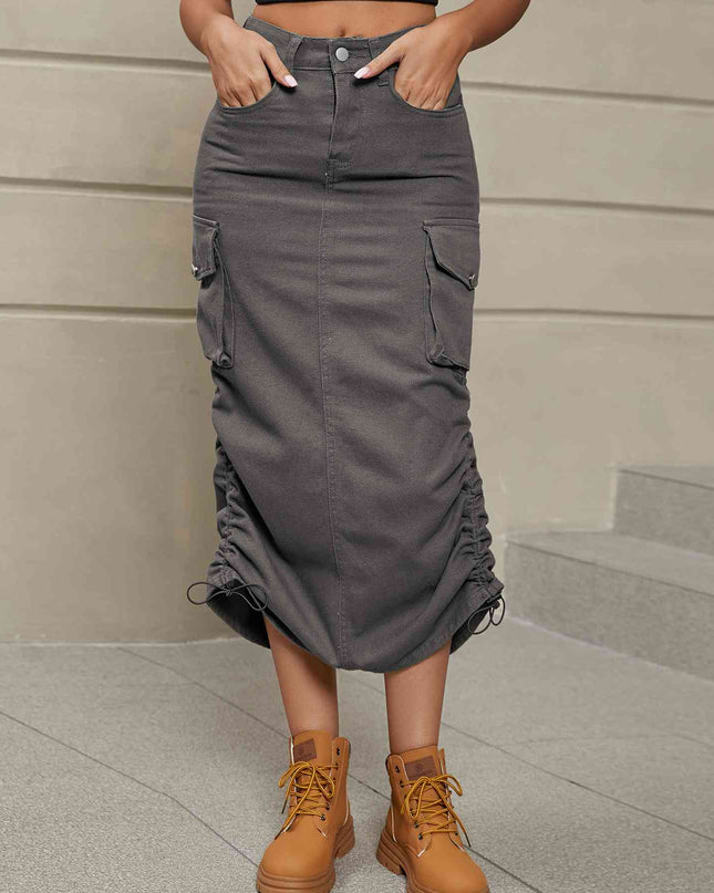 Drawstring Ruched Slit Denim Midi Skirt