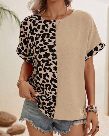 Leopard Contrast Round Neck Short Sleeve Top