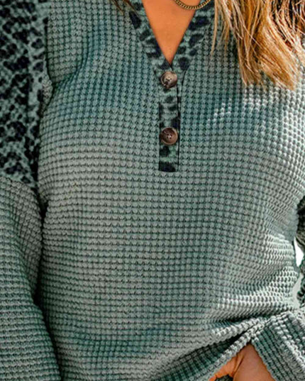 Waffle Knit Leopard Notched Neck Top