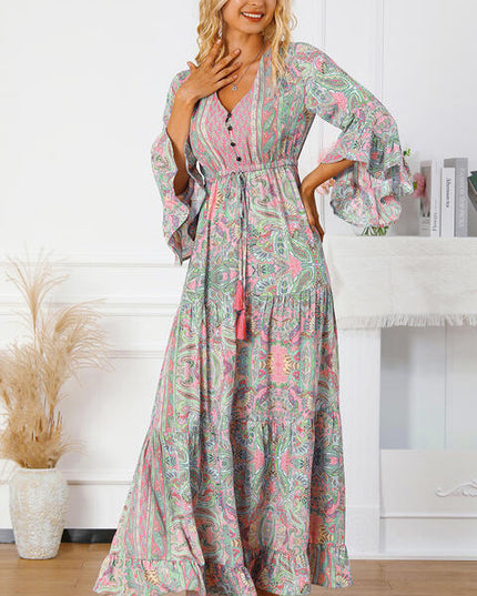 Printed Tassel Tie V-Neck Tiered Dress