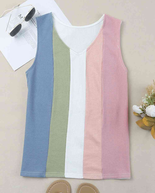 Multicolored Striped Waffle-Knit Sleeveless Tank