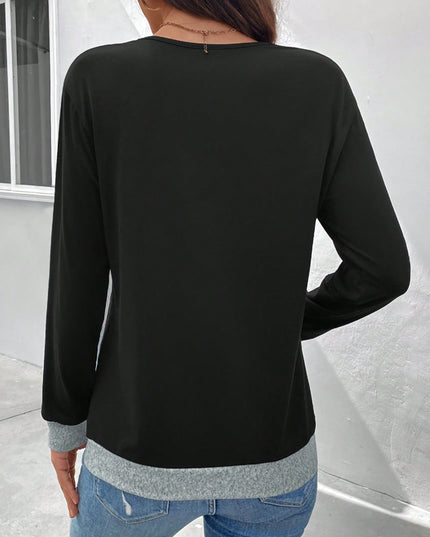 Contrast V-Neck Decorative Button Top