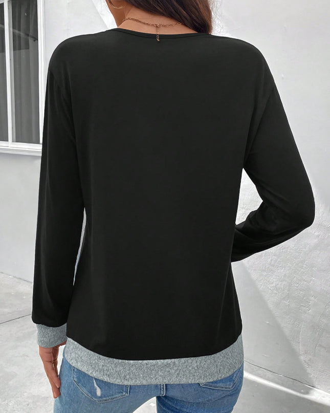Contrast V-Neck Decorative Button Top