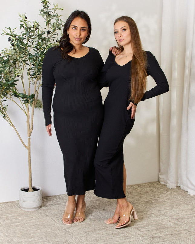 Culture Code Full Size Ribbed Long Sleeve Midi Slit Dress