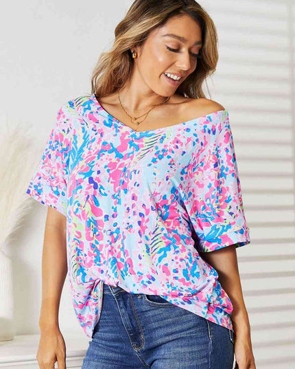 Double Take Printed V-Neck T-Shirt