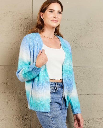 Woven Right Tie-Dye Cable-Knit Raglan Sleeve Open Front Cardigan