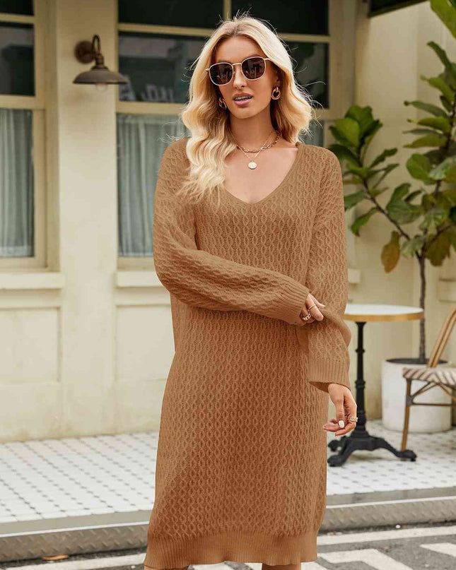 V-Neck Long Sleeve Sweater Dress