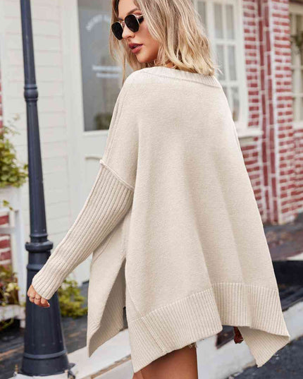 V-Neck Dropped Shoulder Ribbed Long Sleeve Sweater
