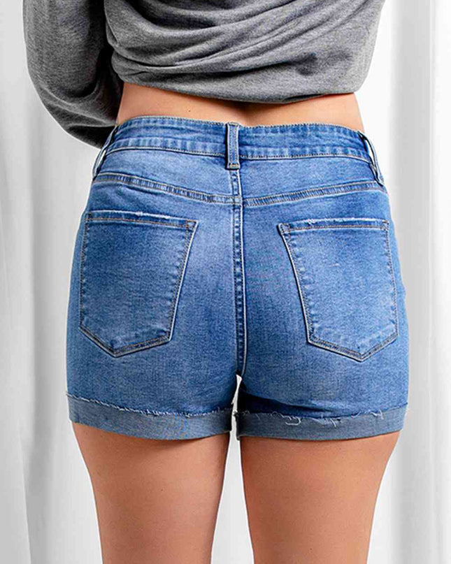 Distressed Button Fly Striped Lining Denim Shorts