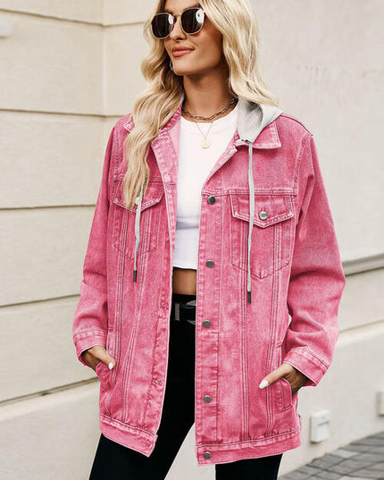 Drawstring Button Up Hooded Denim Jacket