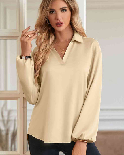 Johnny Collar Lantern Sleeve Blouse