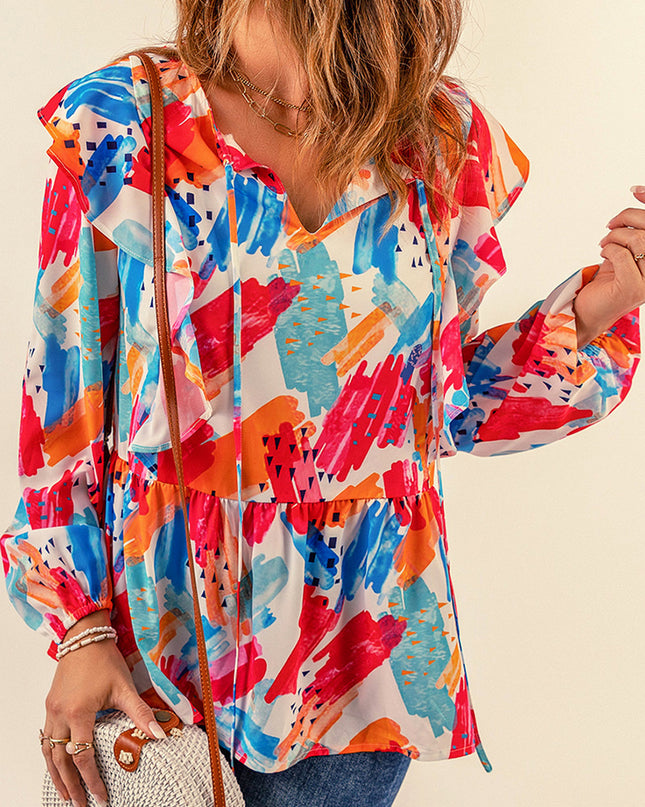 Brush Stroke Ruffled Tie Neck Blouse