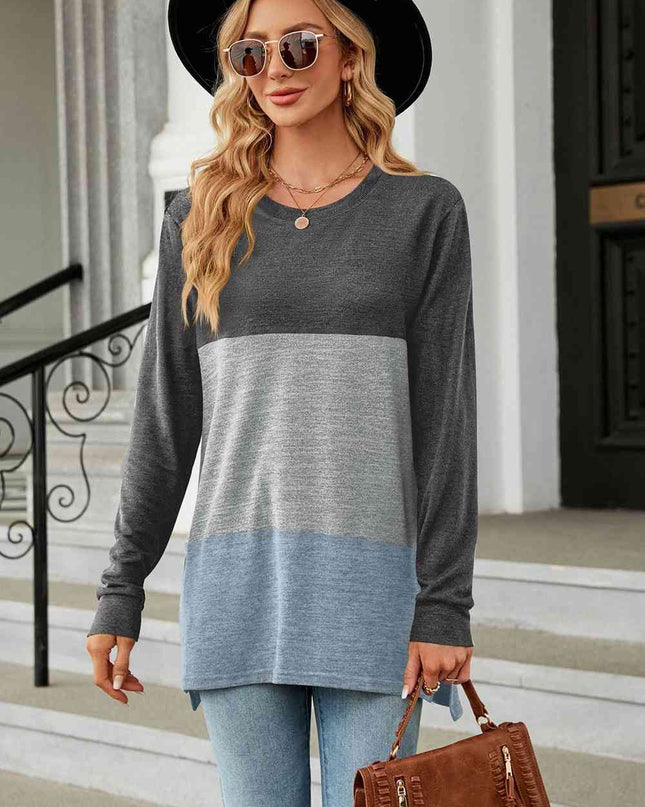Color Block Round Neck Long Sleeve Slit T-Shirt