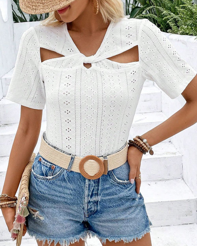 Twisted Front Short Sleeve Eyelet Blouse