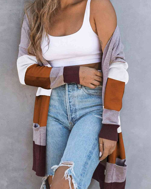 Woven Right Color Block Open Front Ribbed Cuff Cardigan with Pockets