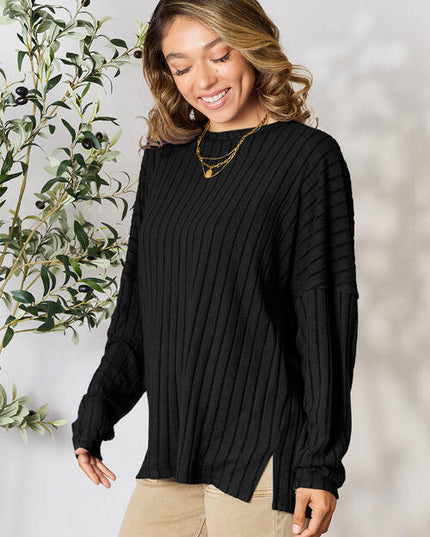 Basic Bae Full Size Ribbed Round Neck Slit Knit Top