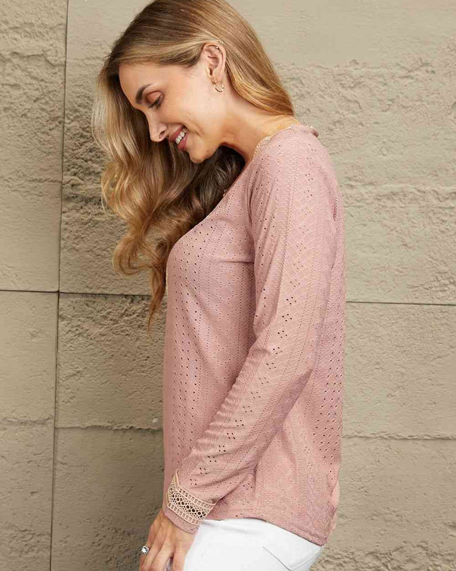 Double Take Contrast V-Neck Eyelet Long Sleeve Top