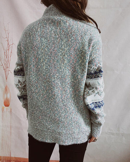 Geometric Mock Neck Dropped Shoulder Sweater