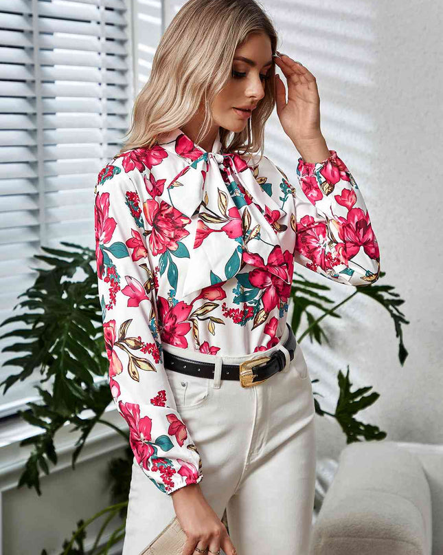 Printed Tie Neck Long Sleeve Blouse