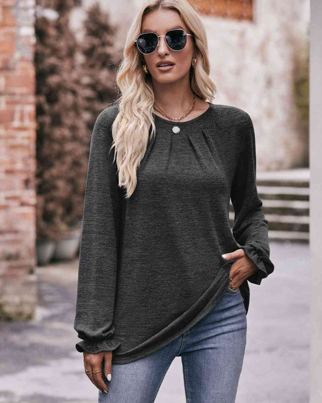 Double Take Long Flounce Sleeve Round Neck Blouse