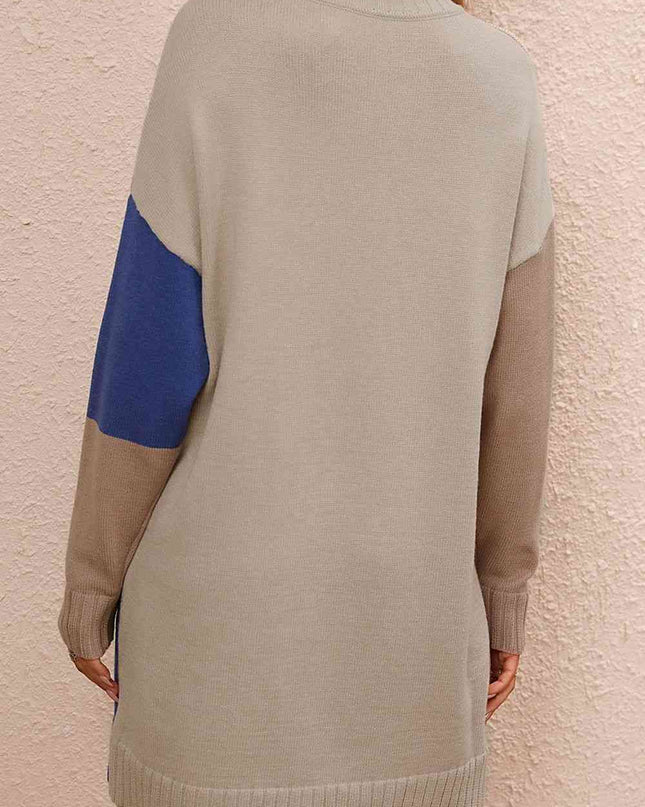 Color Block Mock Neck Dropped Shoulder Sweater Dress