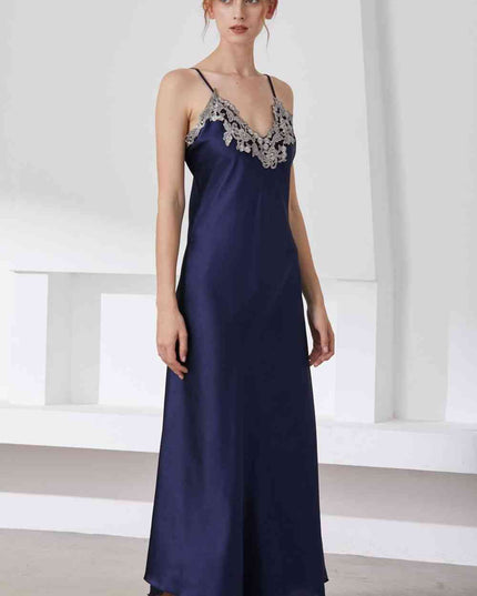 Full Size Lace Trim V-Neck Spaghetti Strap Satin Night Dress