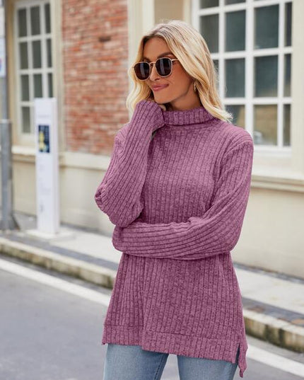 Ribbed Turtleneck Long Sleeve Slit Knit Top