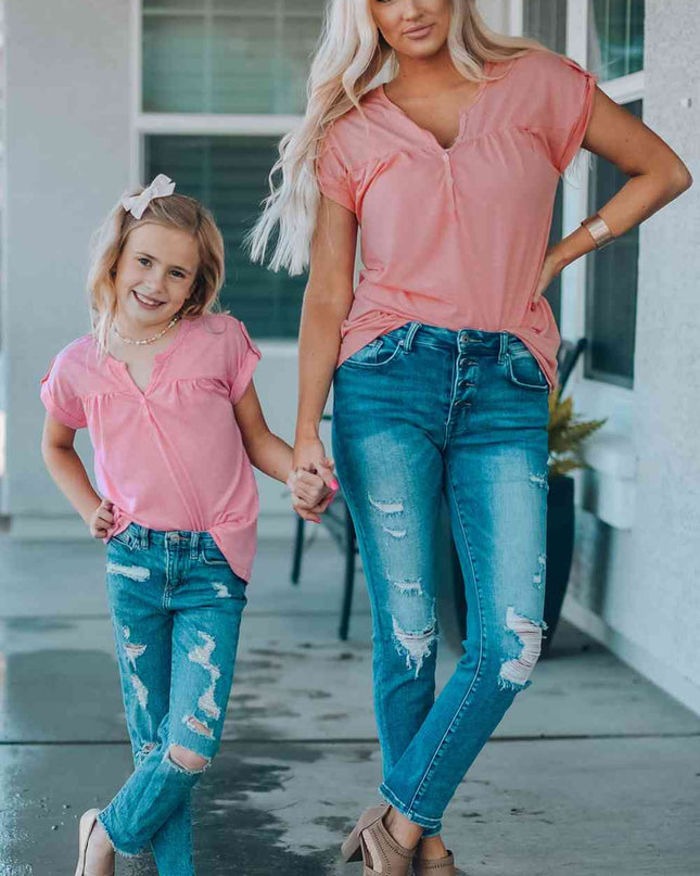 Women Buttoned Roll-Tab Sleeve Tee Shirt