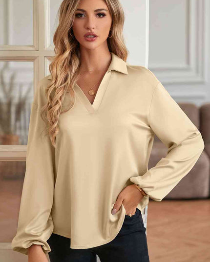 Johnny Collar Lantern Sleeve Blouse