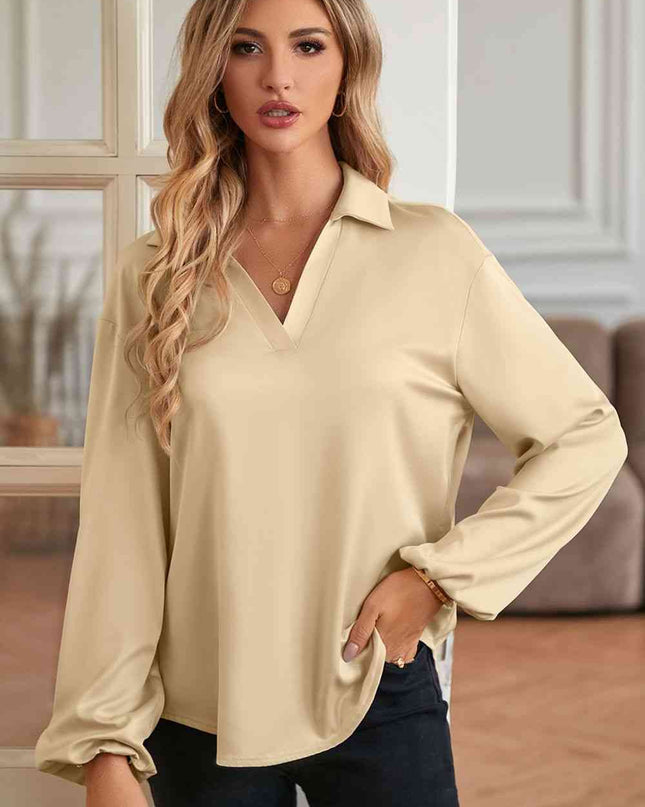 Johnny Collar Lantern Sleeve Blouse