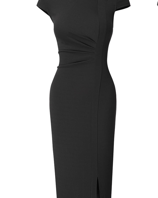 Asymmetrical Neck Short Sleeve Slit Dress