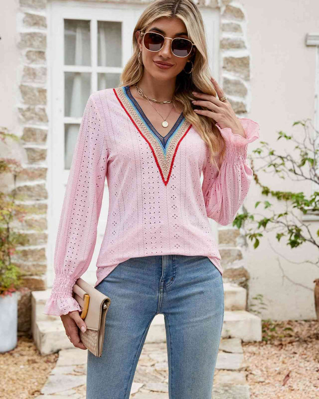Eyelet Flounce Sleeve V-Neck Blouse