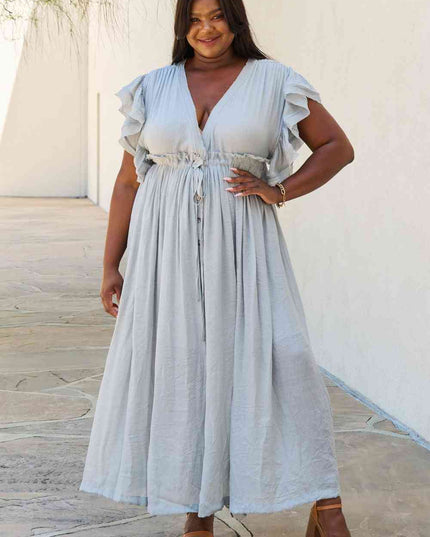 Sweet Lovely By Jen Full Size Drawstring Deep V Butterfly Sleeve Maxi Dress