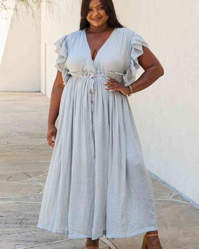 Sweet Lovely By Jen Full Size Drawstring Deep V Butterfly Sleeve Maxi Dress