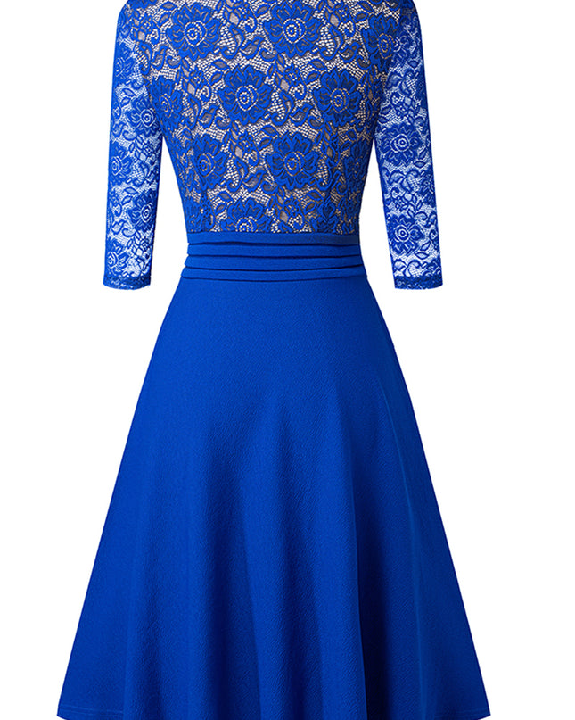 V-Neck Lace Detail Knee-Length Dress