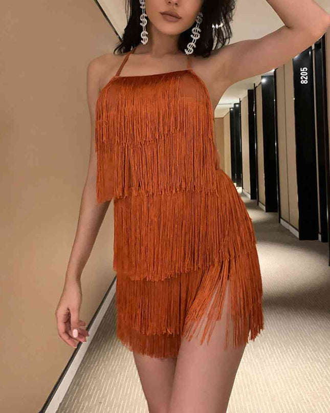 Fringed Halter Neck Tied Back Mini Dress