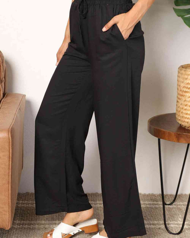 Double Take Drawstring Smocked Waist Wide Leg Pants