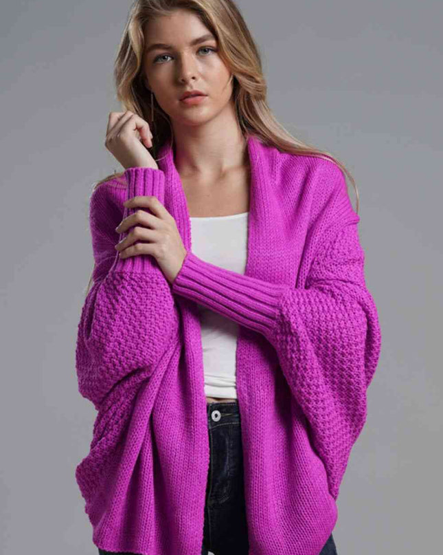 Double Take Dolman Sleeve Open Front Ribbed Trim Longline Cardigan