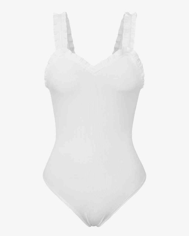 Ribbed Ruffle Trim Sleeveless Bodysuit