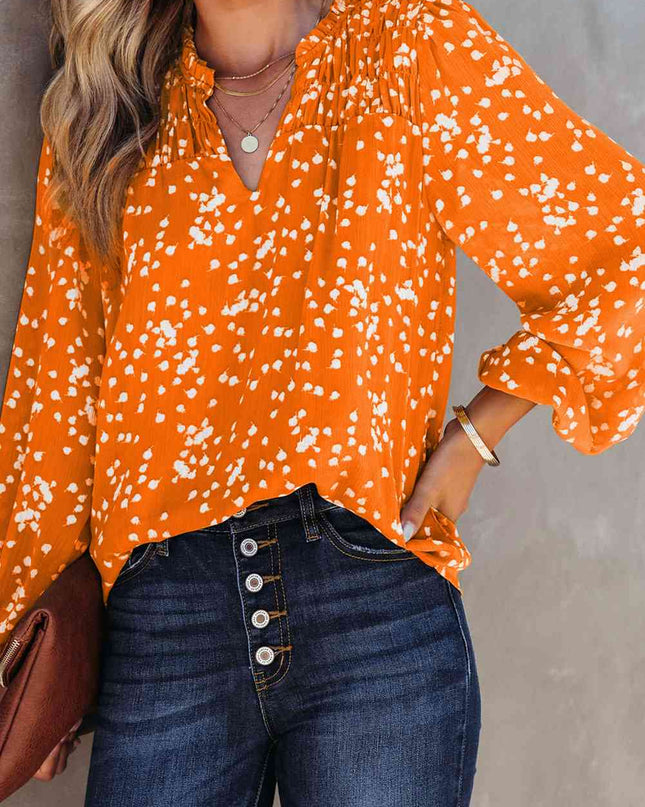 Double Take Printed Notched Neck Smocked Blouse
